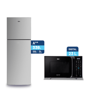 Combo Heladera Inverter BGH 338L Inox BRT330I1A y Microondas Eco BGH Digital 23 Litros B223DN20I